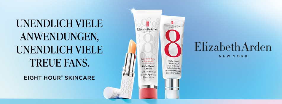 Werbeanzeige für Elizabeth Arden New York: Drei Produkte der Eight Hour® Skincare-Serie stehen vor einem hellblauen Hintergrund – eine Lippenpflege, eine Tube Eight Hour® Cream und eine Tube Daily Moisturizer. Links daneben steht der Text „Unendlich viele Anwendungen, unendlich viele treue Fans.“ und darunter „Eight Hour® Skincare“. Rechts befindet sich das Elizabeth Arden Logo.