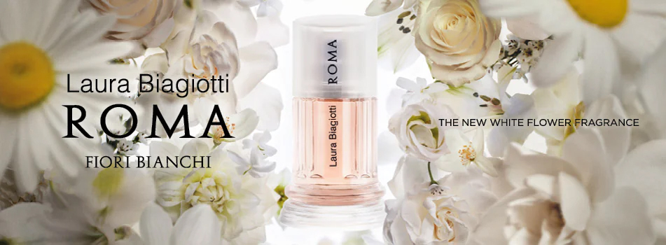 Werbebild für das Parfüm ‚Roma Fiori Bianchi‘ von Laura Biagiotti. In der Mitte steht ein zart rosafarbener Flakon mit der Aufschrift ‚Laura Biagiotti Roma‘, umgeben von weißen Blüten wie Rosen und Gänseblümchen. Links der Text: ‚Laura Biagiotti ROMA Fiori Bianchi‘, rechts: ‚The New White Flower Fragrance‘.
